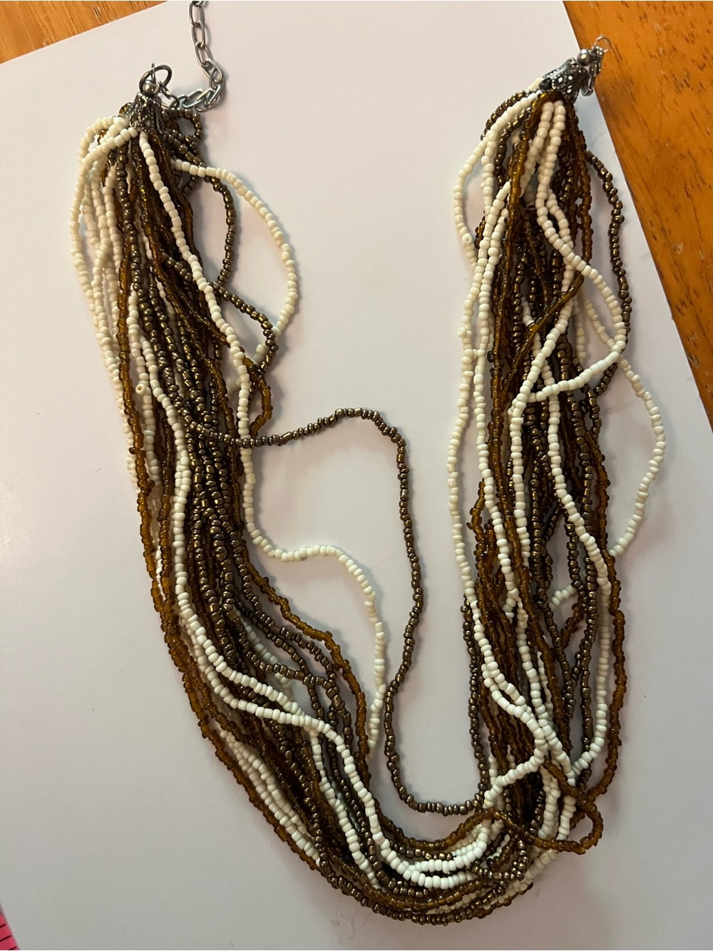 Multi-Strand Beaded Necklace in White and Brown